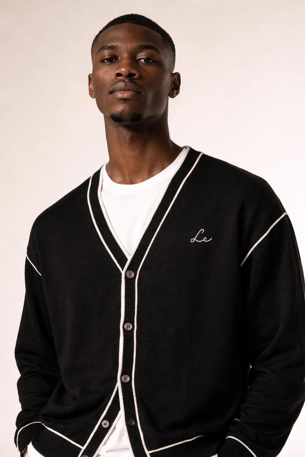 Close-up of the model wearing The Lounge Rest Cardigan